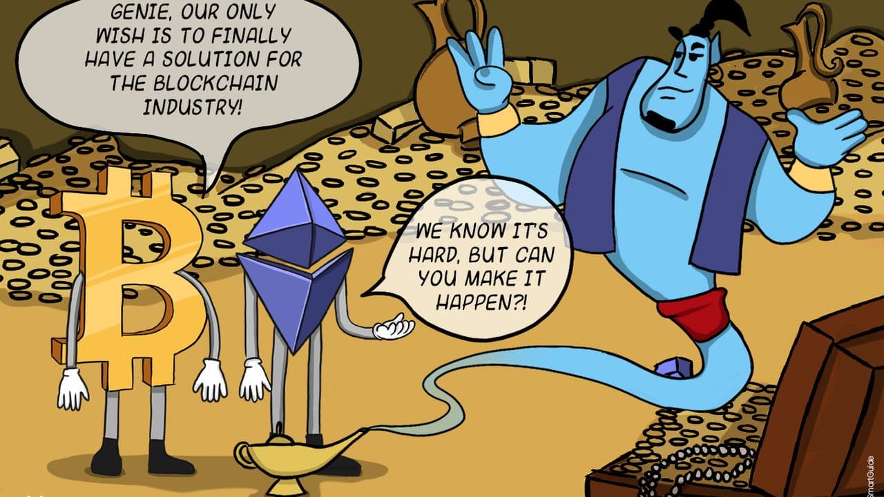 Cartoon illustration of cryptocurrency and blockchain activity